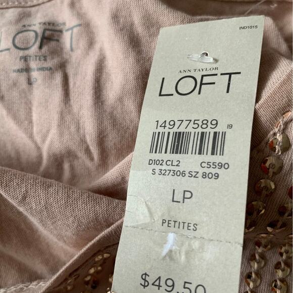 Ann Taylor Loft Beige Sequin Bling Embellished Top Shiny Glam Women's LP NEW - Picture 7 of 8